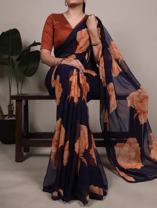 Navy Blue Chiffon With Lace Work Saree