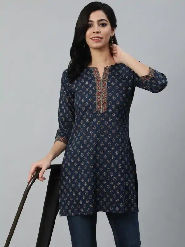 Navy Blue Cotton Printed Kurti