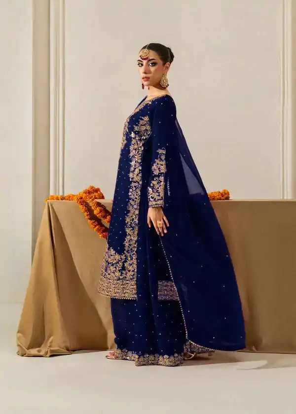Navy Blue Faux Georgette Lace Work Salwar Suit