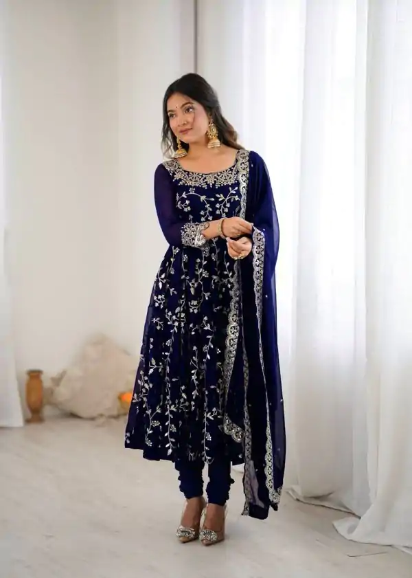 Navy Blue Faux Georgette With Embroidery Gown