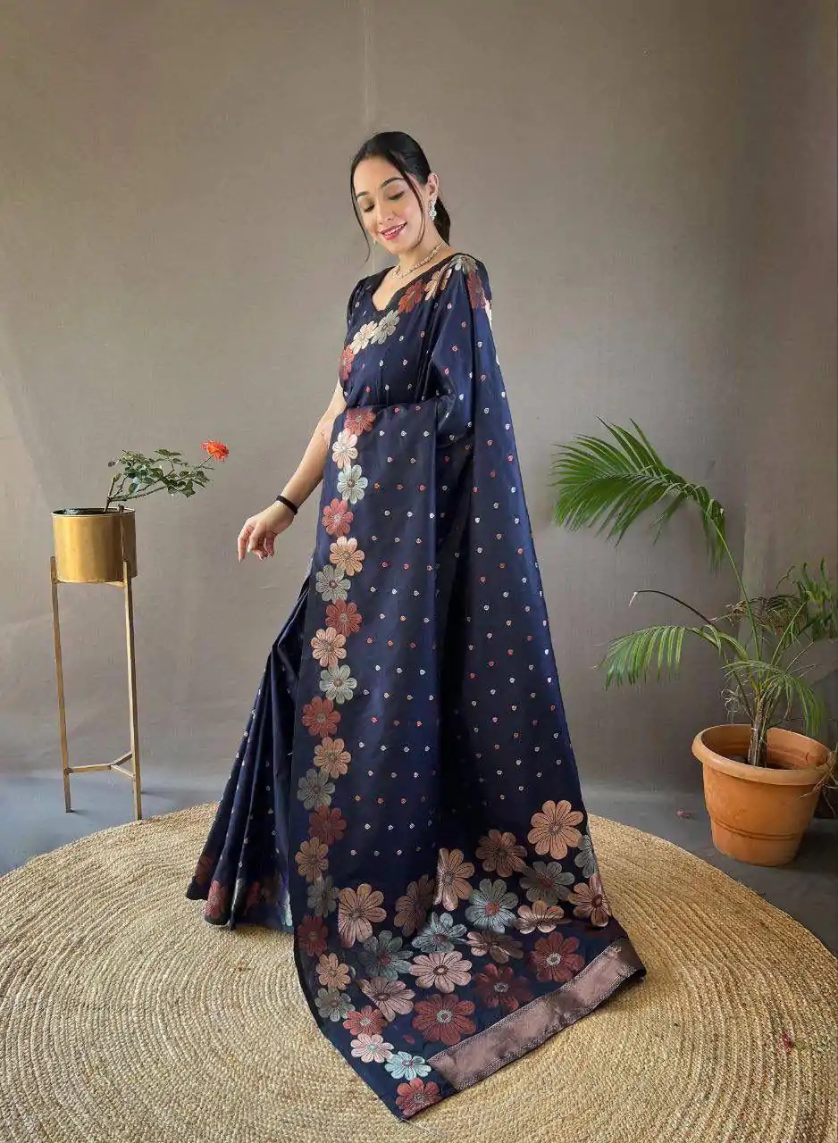 KP 6003 Navy Blue Soft Lichi Silk Cloth Lace Work & Lace Border Saree in Best Price ₹1399. Delivery 4-6 Working Days. Shop now. | Designer Sarees, Embroidered Sarees, Sarees, Bollywood Sarees, Creative Sarees, Ethnic Saree, Modern Digital sarees, Party Wear Sarees