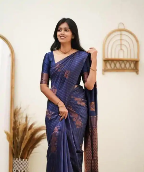 Navy Blue Soft Lichi Silk With Lace Work Saree