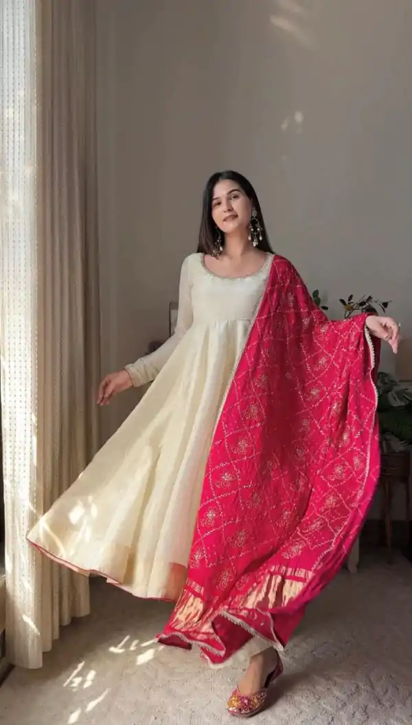 Off White Chinon Lace Border Work Gown