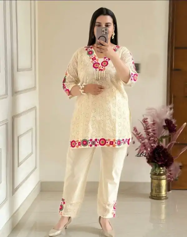 Off White Cotton Salwar Suit with Embroidery Wor