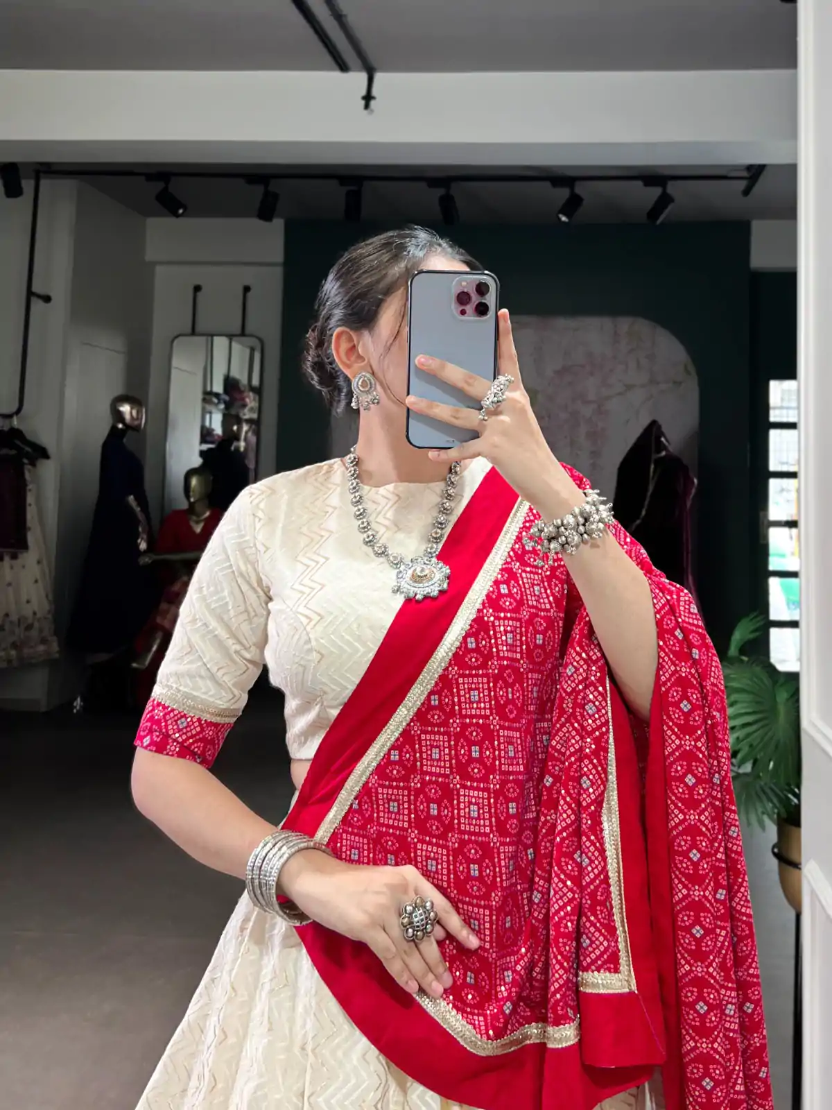 Off White Cotton With Sequins Work Lehenga Choli - Image 6