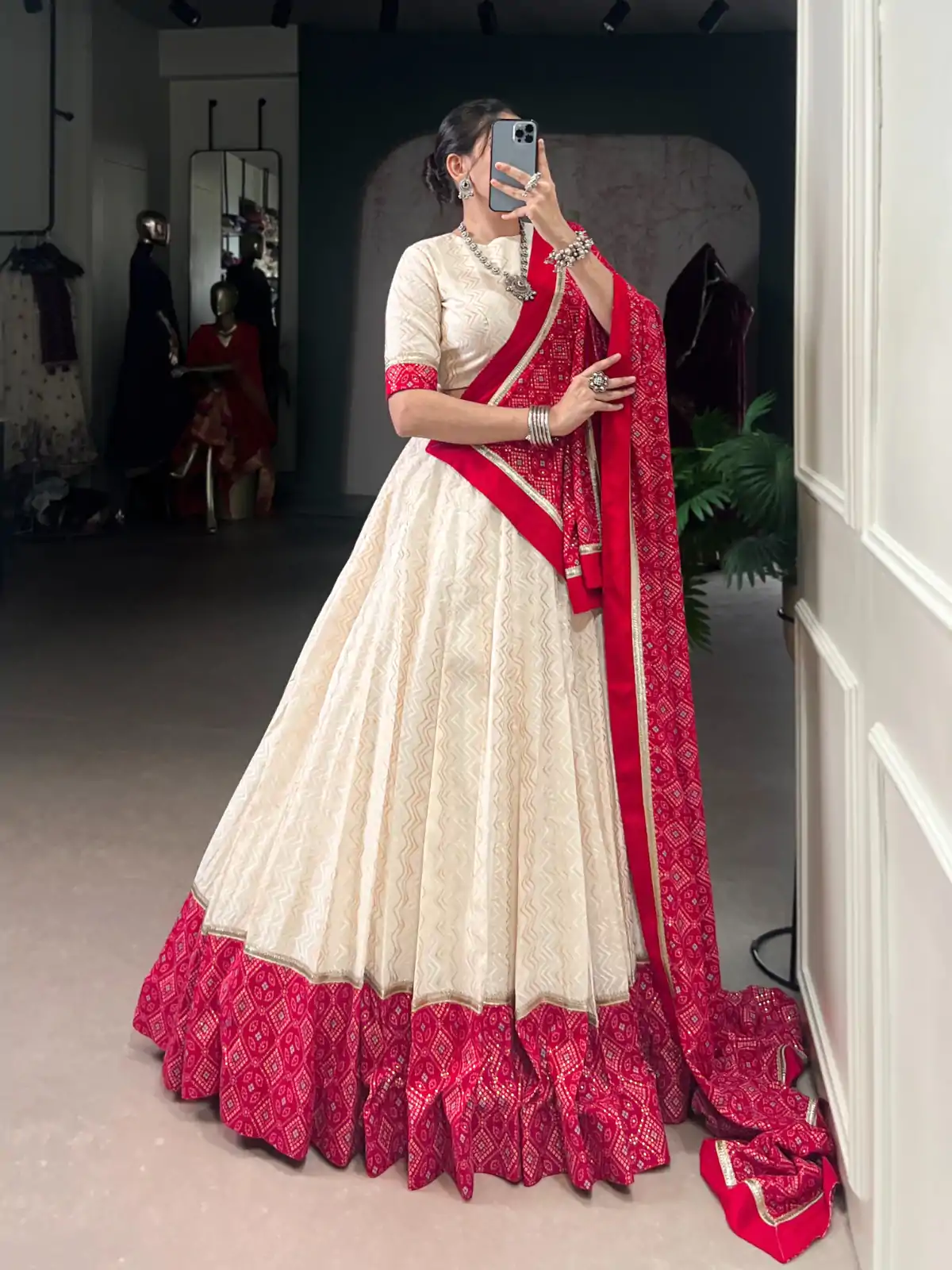 Off White Cotton With Sequins Work Lehenga Choli - Image 3