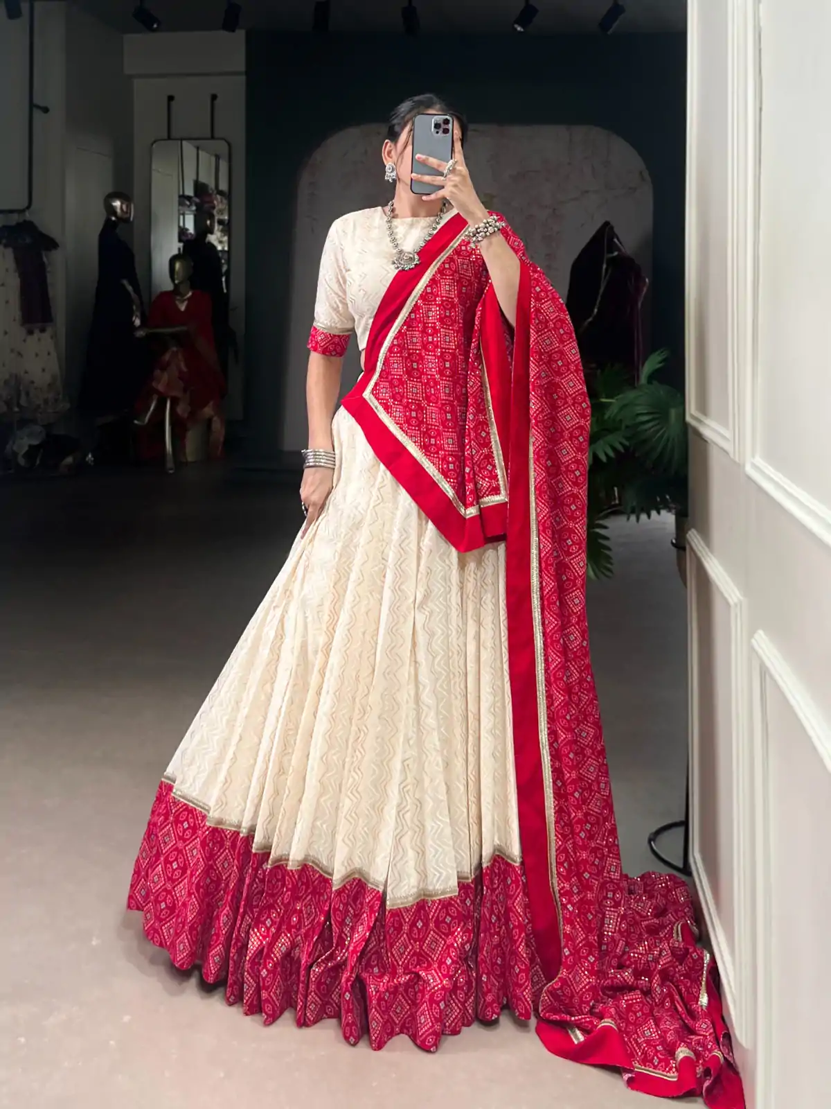 Off White Cotton With Sequins Work Lehenga Choli - Image 2