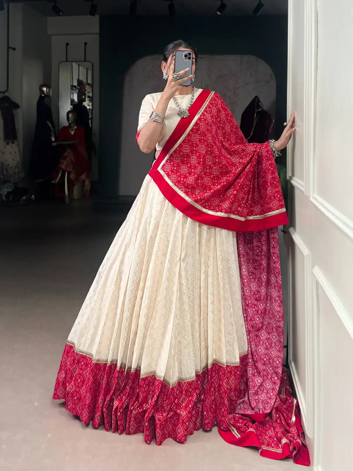 Off White Cotton With Sequins Work Lehenga Choli