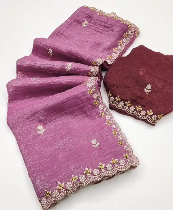 Onion Crunchy Chiffon Embroidery Work Saree