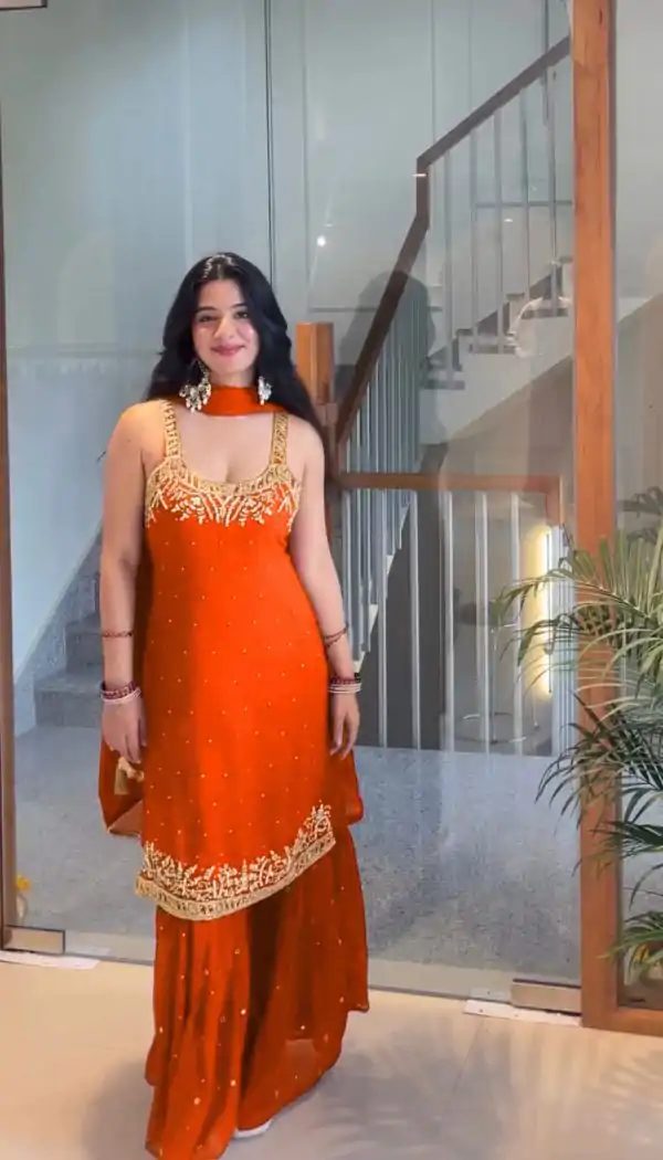 Orange Faux Georgette With Lace Work Salwar Suit