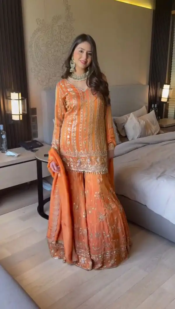 Orange Faux Georgette With Lace Work Salwar Suit