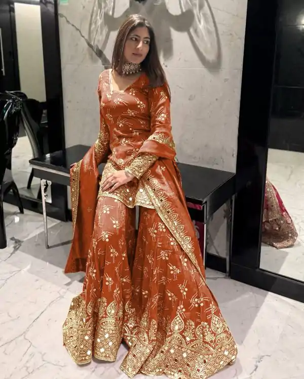 Orange Simmer Silk Embroidery Work Salwar Suit