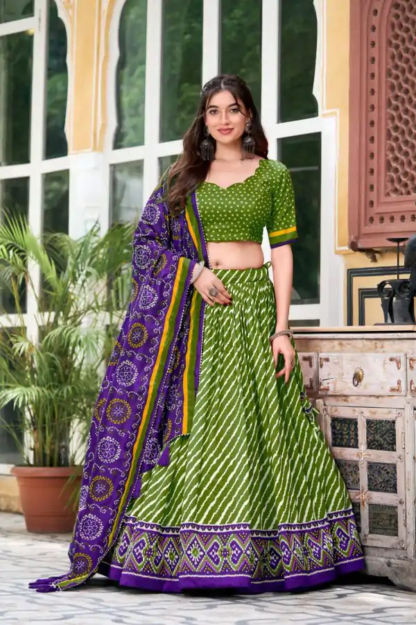 Parrot Green Tasar Silk Bandhej Lehenga Choli