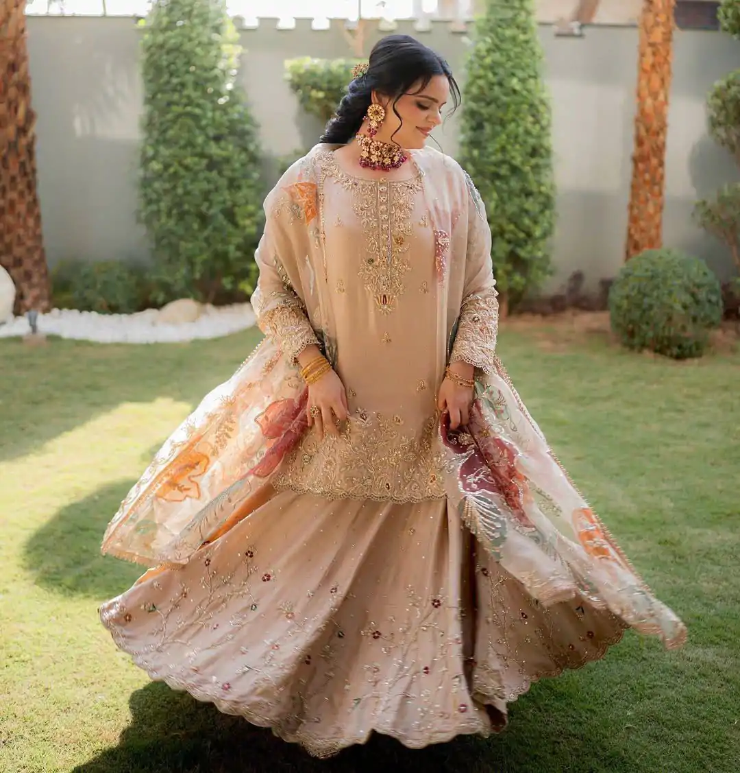 Peach Chinon Embroidery Digital Print Lehenga Choli