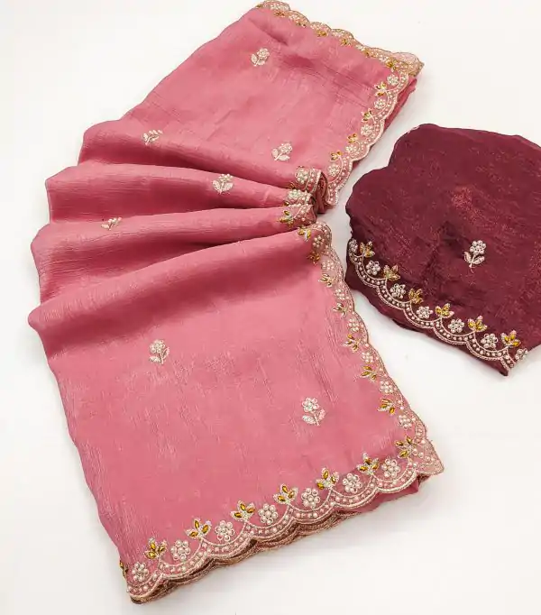 Peach Crunchy Chiffon Embroidery Work Saree