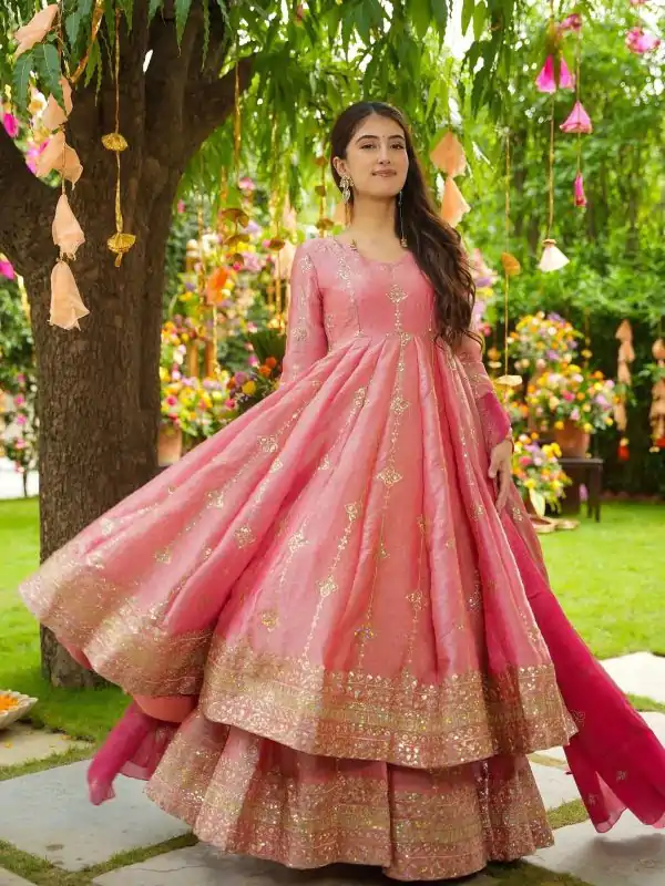 SSR 526 Peach Crunchy Silk With Heavy Embroidery Sequence Work With Fully Flair Salwar Suit Wedding, Party, Festive, Events, Now at just ₹2399. Delivery 4 | Casual Suits, Jump Suits, Tops & Bottoms, Track Suits, Salwar suit, Creative suits, Designer Suits, Palazzo Suits, Party Wear Suits, Patiala Suits, Straight Suits, Trendy Wear