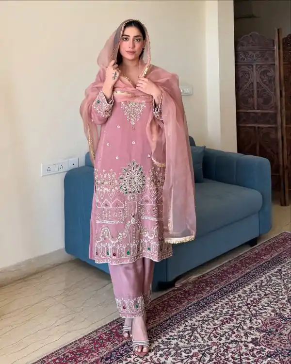 Peach French Crape Lace Embroidery Work Salwar Suit