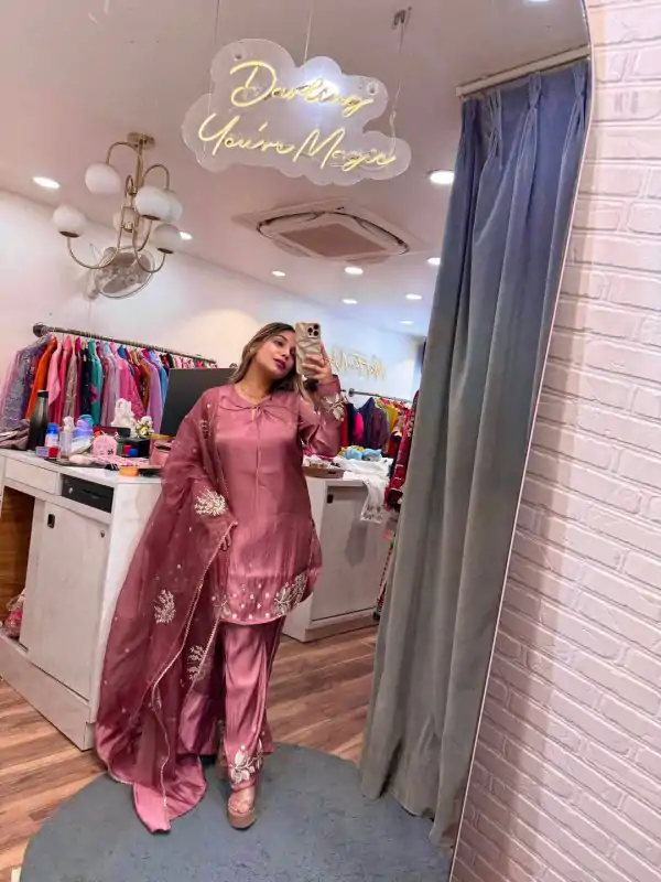 Peach Natural Crep Silk Embroidery Salwar Suit