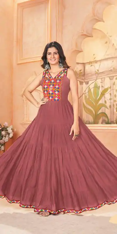 Peach Rayon Lace Work Gamthi Work Gown