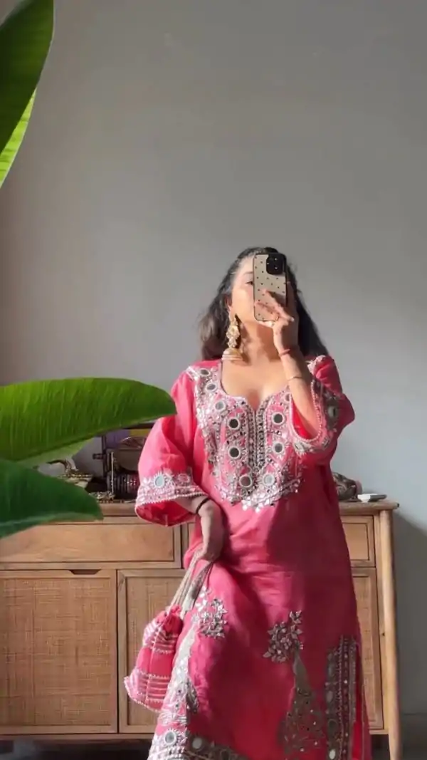Peach Roman Silk Mirror Work Salwar Suit