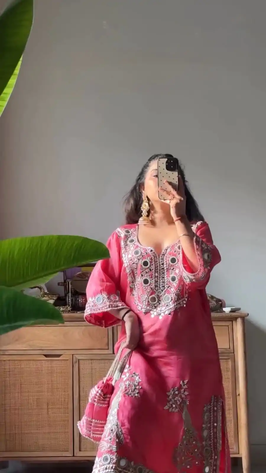 Peach Roman Silk Mirror Work Salwar Suit