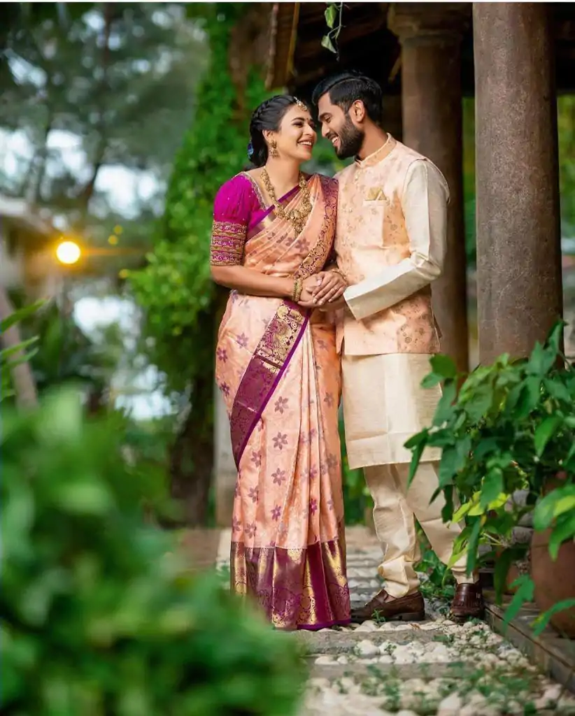 Peach Soft Lichi Silk With Lace Work Saree - Image 9