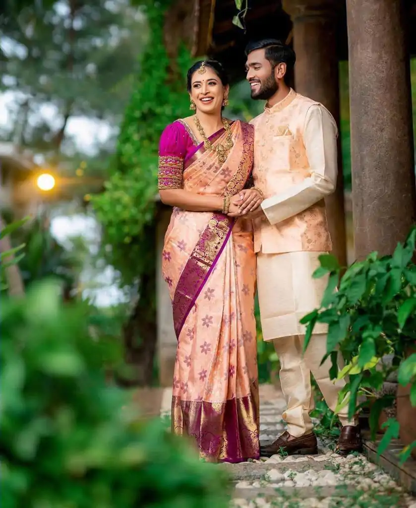 Peach Soft Lichi Silk With Lace Work Saree - Image 8