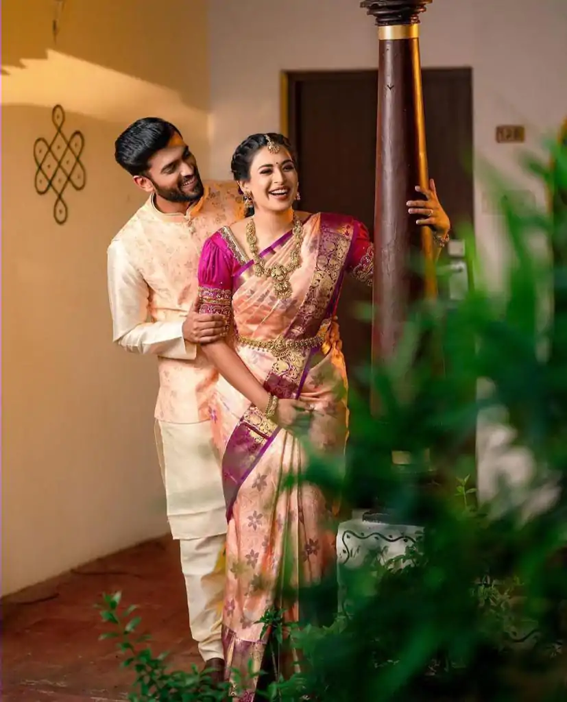 Peach Soft Lichi Silk With Lace Work Saree - Image 6