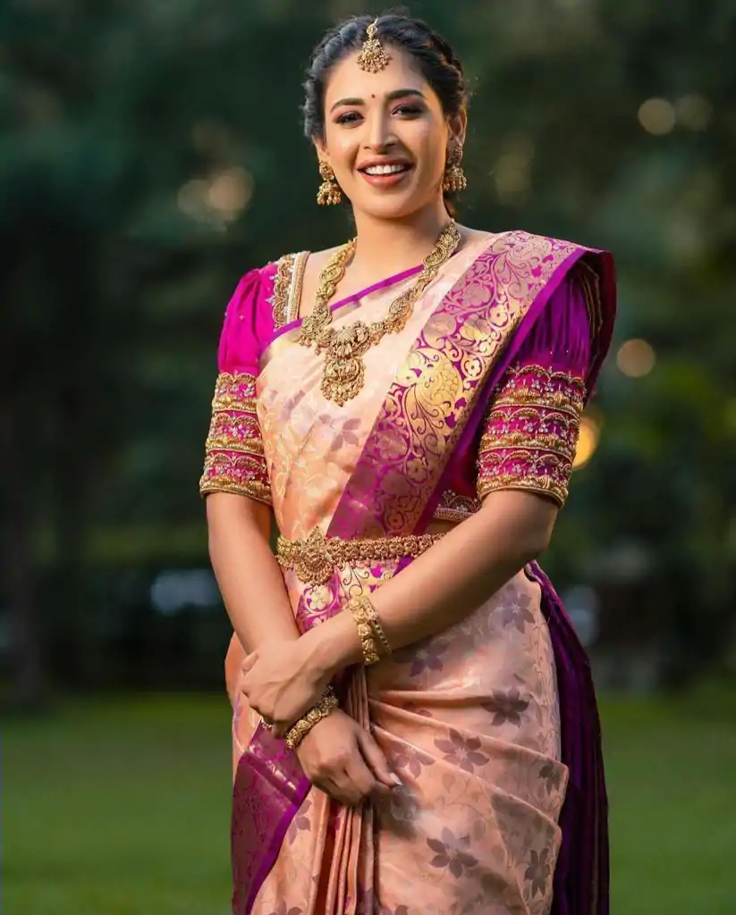 Peach Soft Lichi Silk With Lace Work Saree