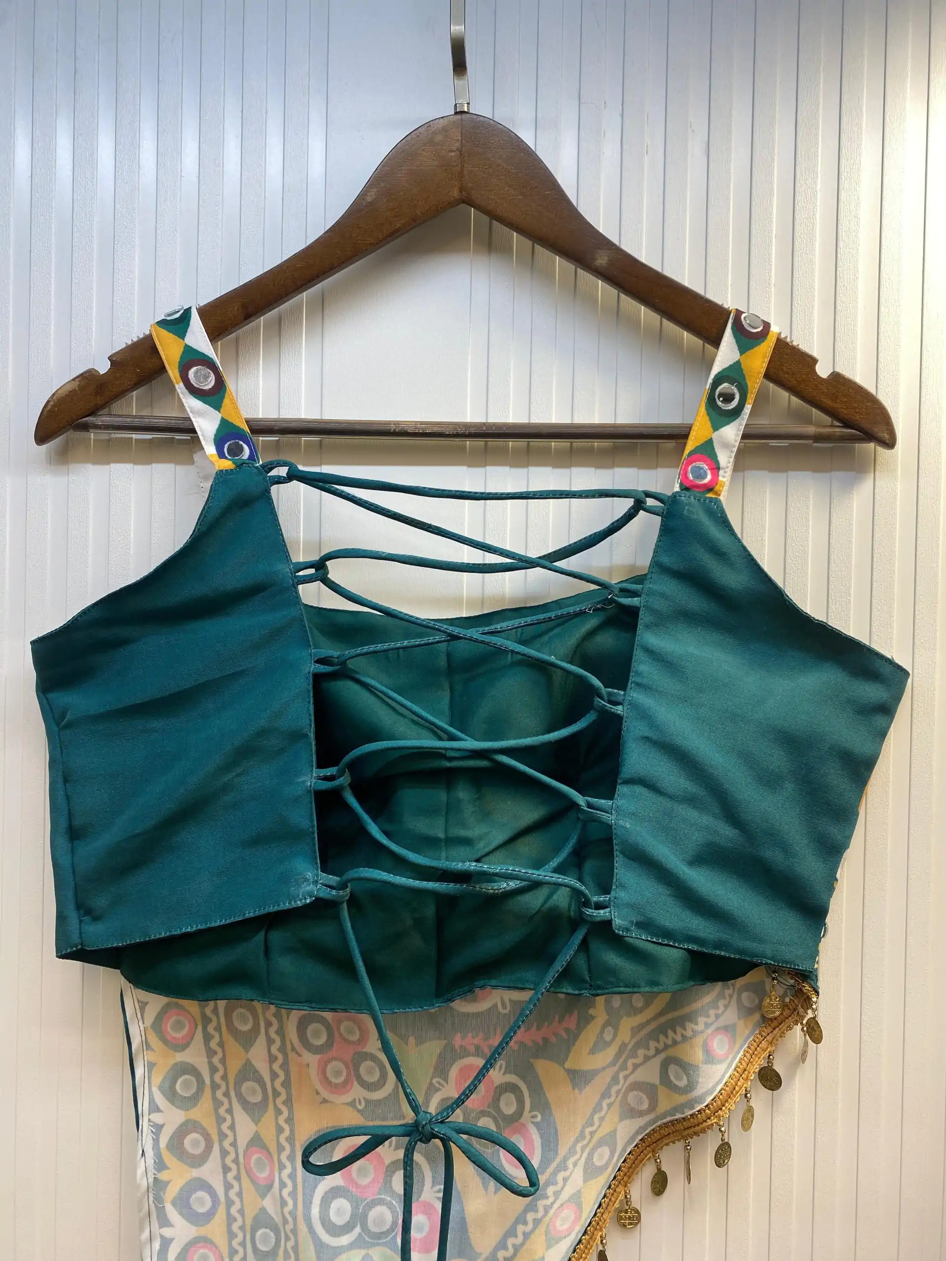 Peacock Blue Chinon Mirror Work Lehenga Choli - Image 6