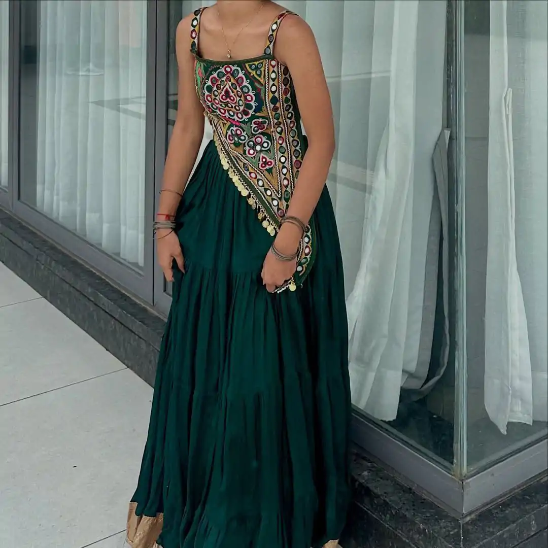 Peacock Blue Chinon Mirror Work Lehenga Choli - Image 3