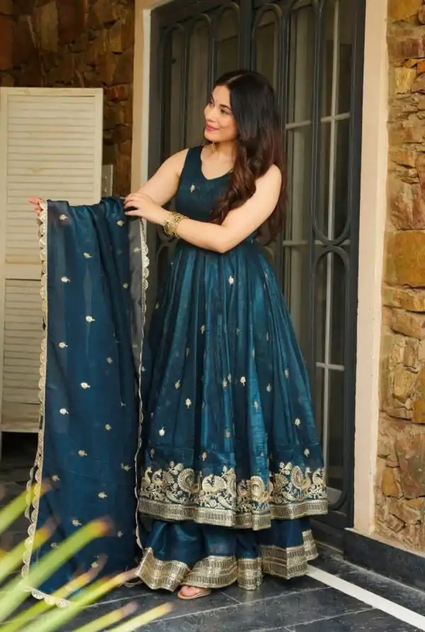 Peacock Blue Crunchy Silk With Embroidery Salwar Suit