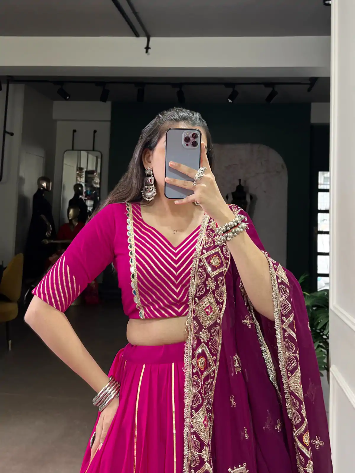 Pink Cotton Mirror Work Lehenga Choli - Image 6