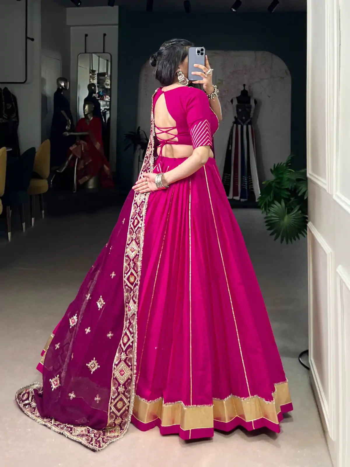 Pink Cotton Mirror Work Lehenga Choli - Image 5