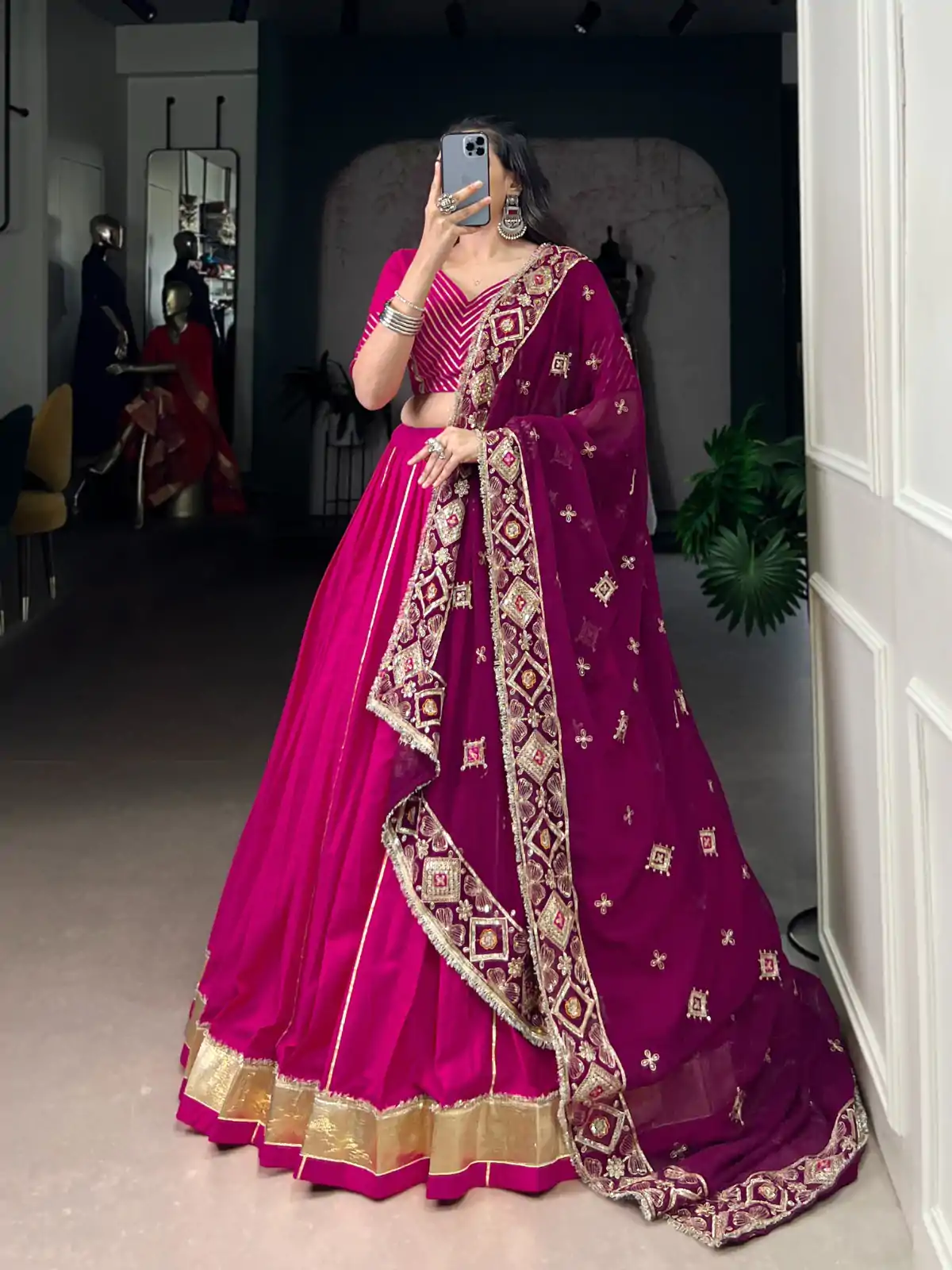 Pink Cotton Mirror Work Lehenga Choli - Image 4