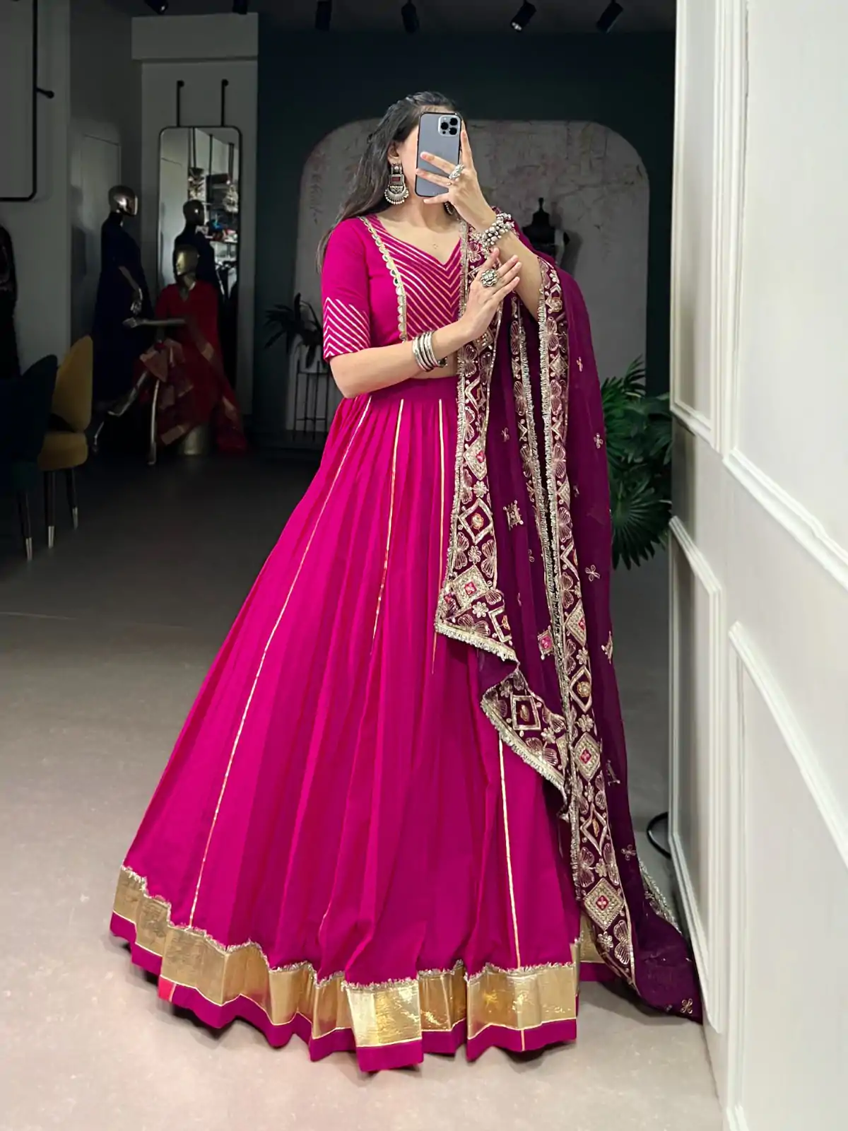 Pink Cotton Mirror Work Lehenga Choli - Image 3