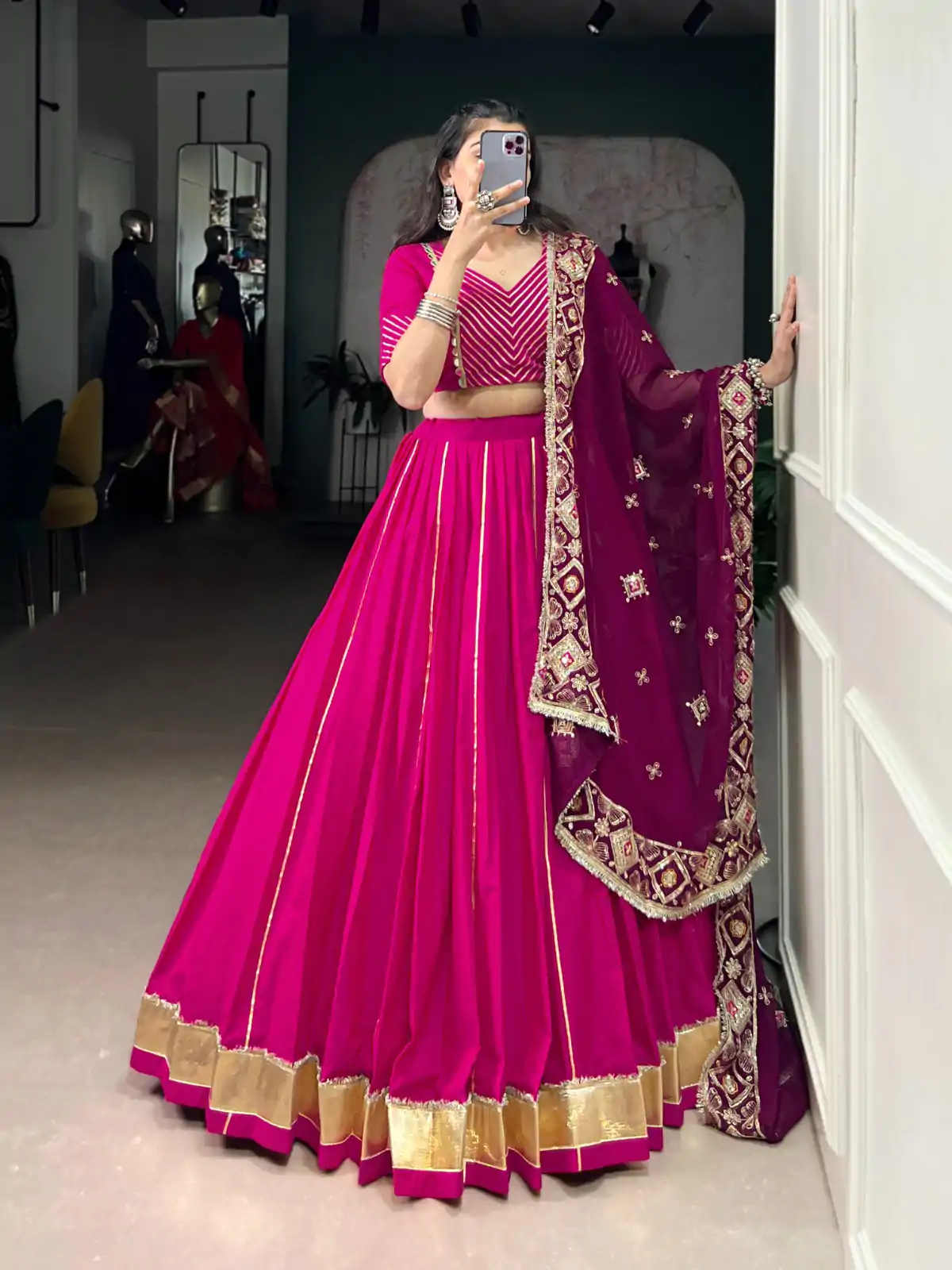 Pink Cotton Mirror Work Lehenga Choli - Image 2