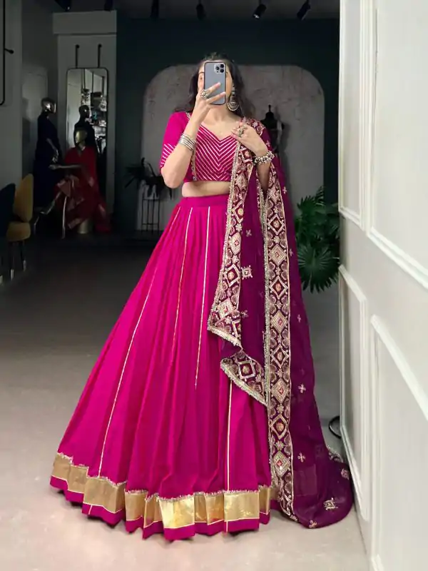 Pink Cotton Mirror Work Lehenga Choli
