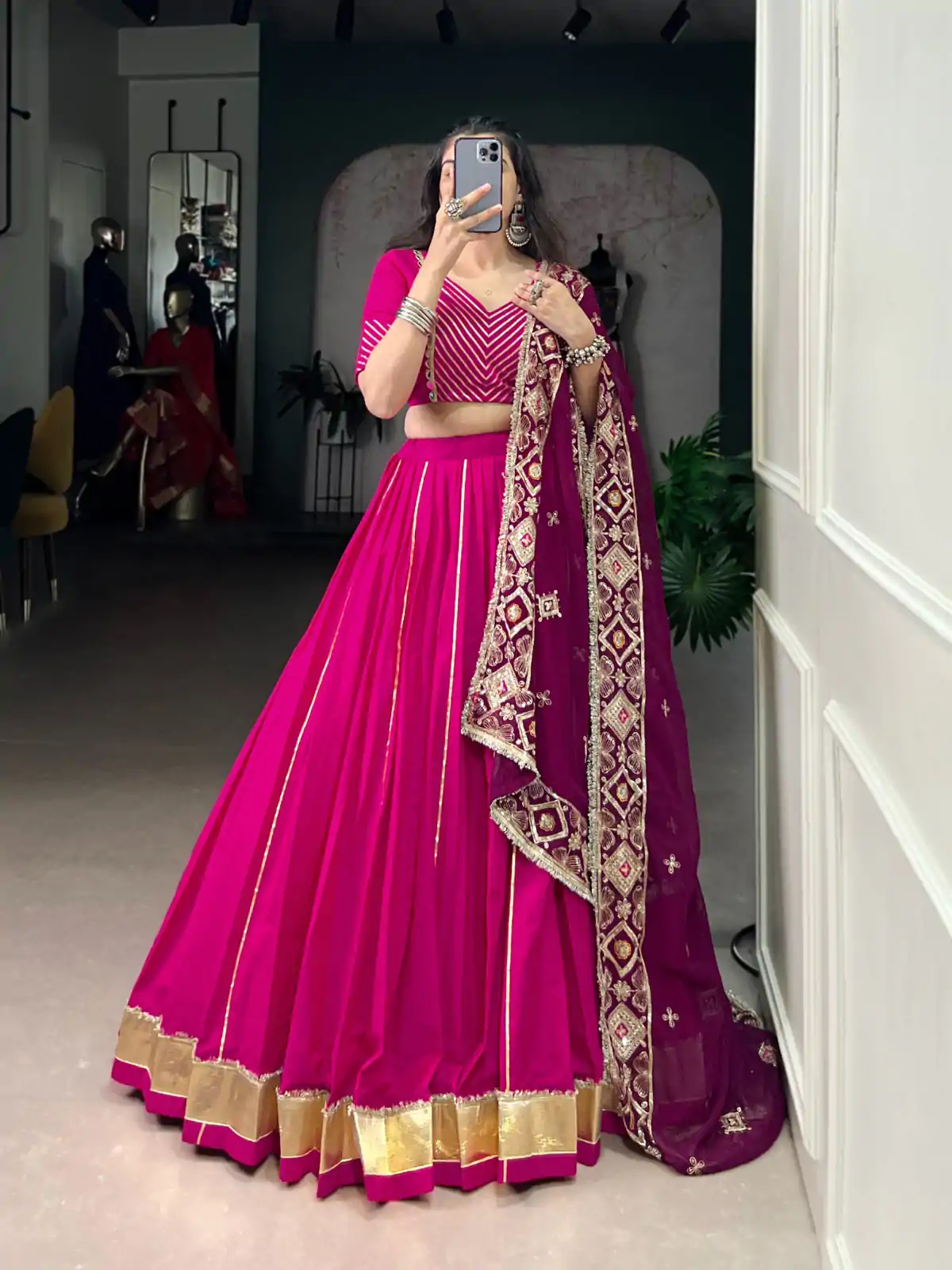 Pink Cotton Mirror Work Lehenga Choli