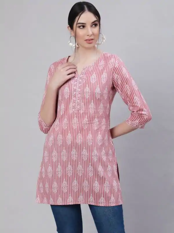 Pink Cotton Printed Kurti