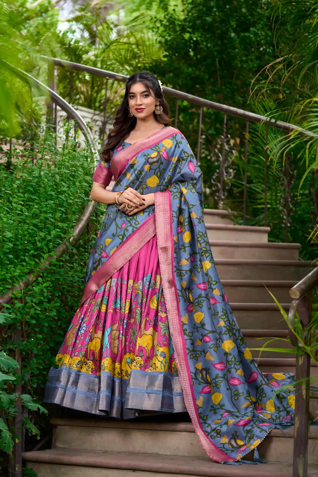 Pink Dola Silk Kalamkari Print Zari Lehenga Choli