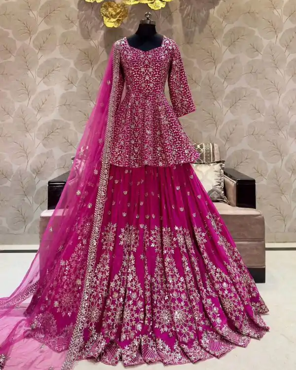 NSR 819 Pink Faux Georgette with Lace Work & Embroidery Work Lehenga Choli . Introductory Price ₹2149. Delivery 4-6 Working Days. Shop now. | Lehenga, Bollywood Lehenga, Creative Lehenga, Designer Lehenga, Embroidered Lehenga, Party Wear Lehenga