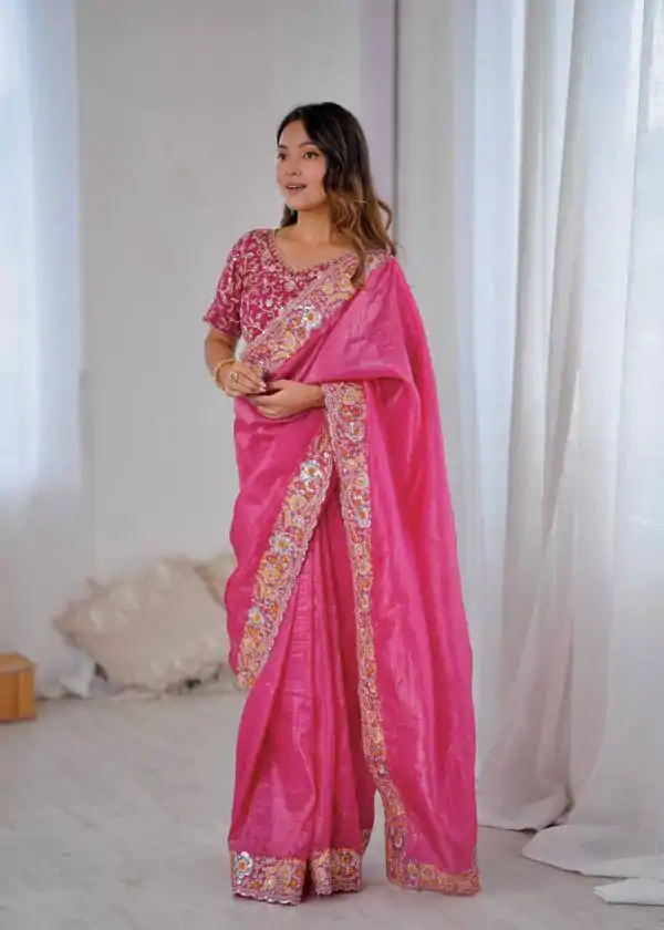 Pink Gold Crush Silk With Embroidery Work Saree