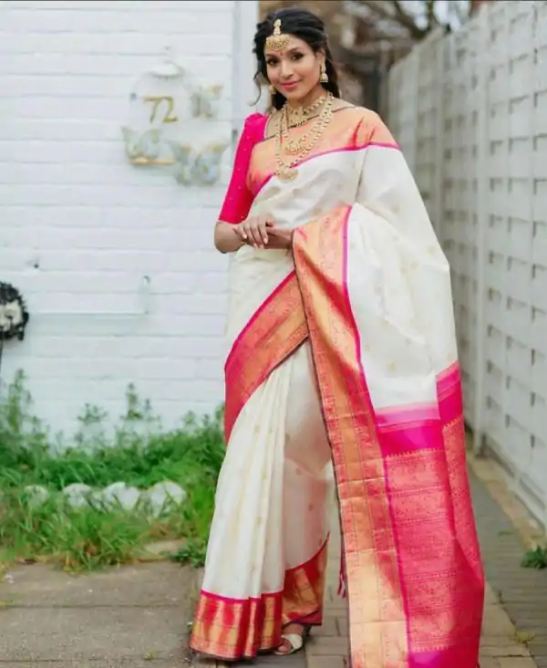 Pink Lichi Silk With Lace Jacquard Work Saree