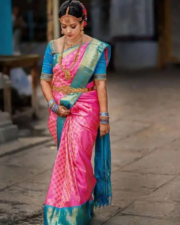 Pink Lichi Silk With Lace Work Saree