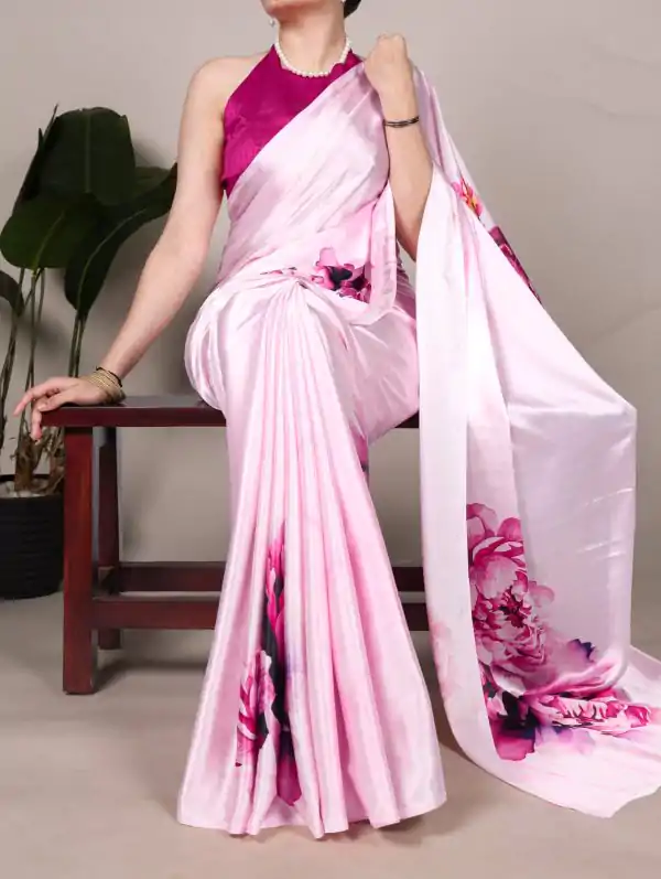 YNF 7004 Pink Color Satin Silk Floral Printed Designer Work Saree . Grab it for ₹1549. Delivery 4-6 Working Days. Shop now. | Designer Sarees, Embroidered Sarees, Sarees, Bollywood Sarees, Creative Sarees, Ethnic Saree, Modern Digital sarees, Party Wear Sarees