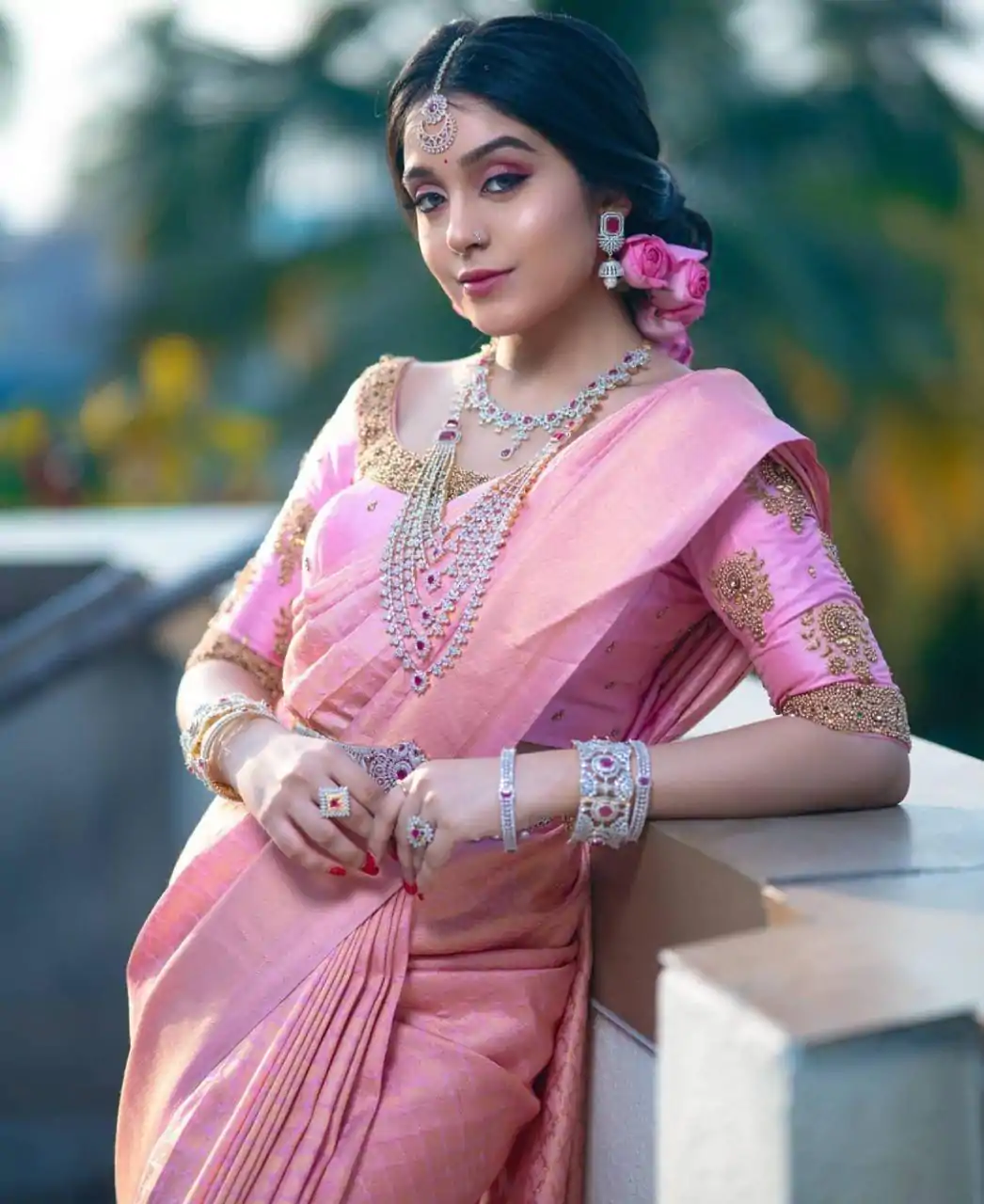 Pink Soft Lichi Silk Jacquard Border Saree - Image 3