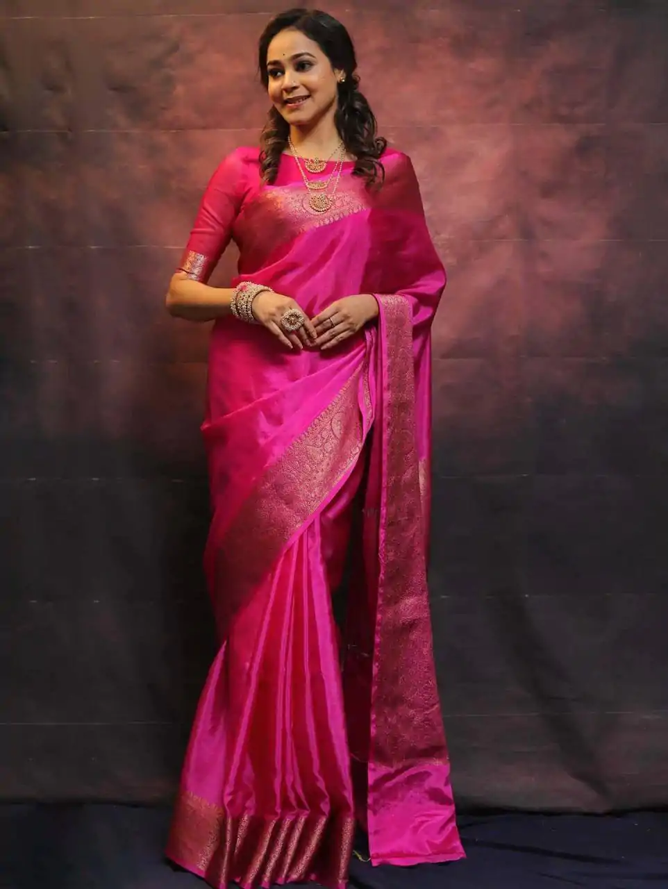 Pink Soft Lichi Silk Lace Border Saree