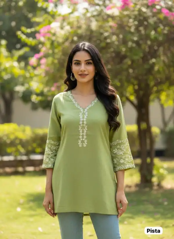 Pista Rayon Embroidery Work Kurti