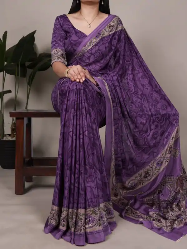 Purple Crepe With Printed Saree